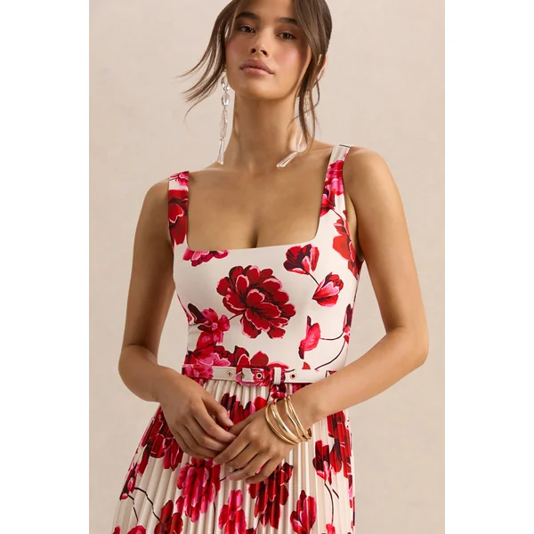Danika | Robe longue à imprimé floral rose vif à encolure carrée avec ceinture et jupe plissée