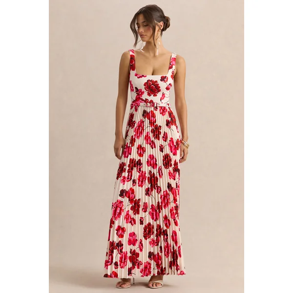 Danika | Robe longue à imprimé floral rose vif à encolure carrée avec ceinture et jupe plissée