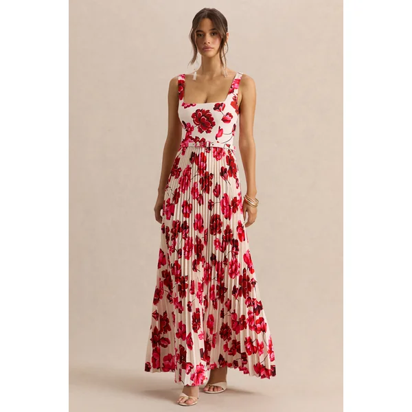 Danika | Robe longue à imprimé floral rose vif à encolure carrée avec ceinture et jupe plissée