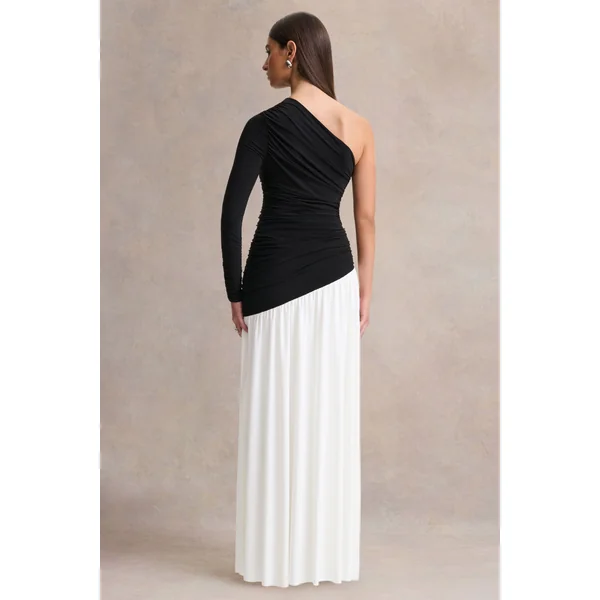 Danila | Robe longue noire et blanche à encolure asymétrique avec taille basse