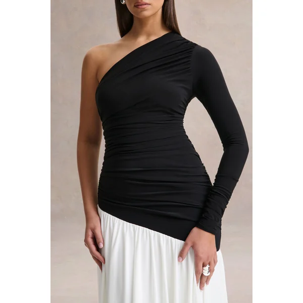 Danila | Robe longue noire et blanche à encolure asymétrique avec taille basse