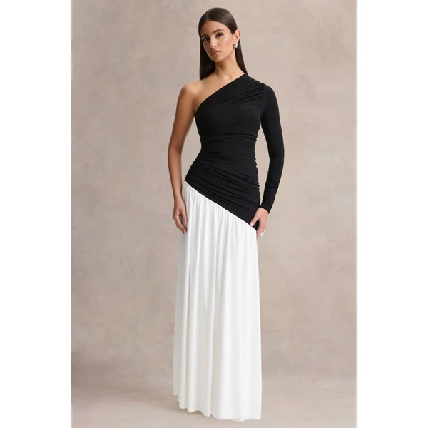 Danila | Robe longue noire et blanche à encolure asymétrique avec taille basse
