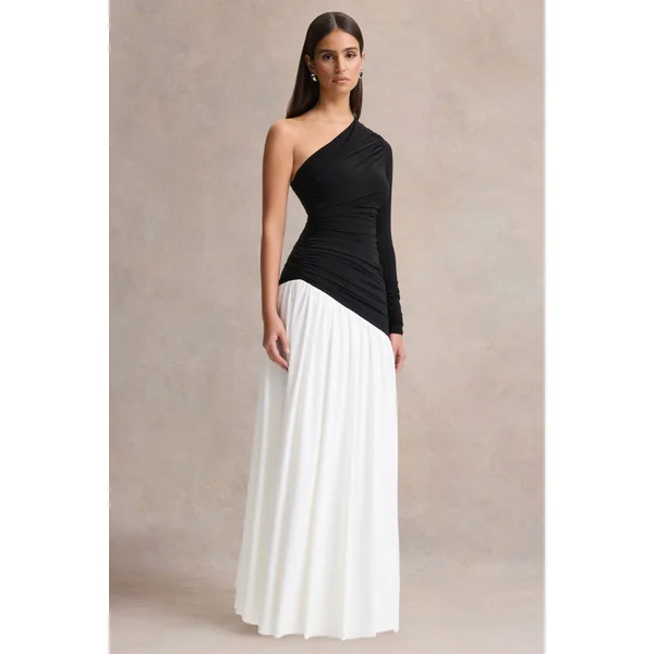 Danila | Robe longue noire et blanche à encolure asymétrique avec taille basse