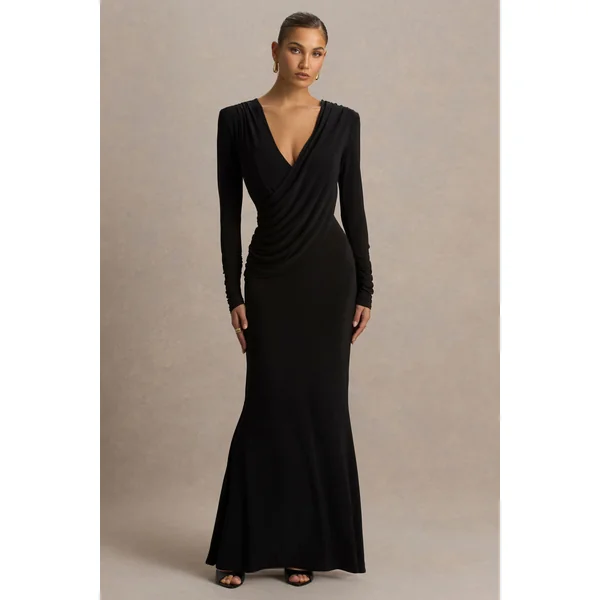 Daphira | Robe longue noire à décolleté plongeant extrême