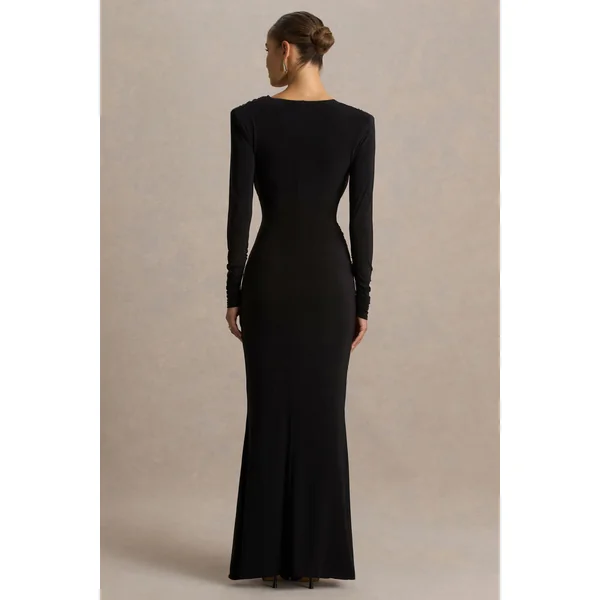 Daphira | Robe longue noire à décolleté plongeant extrême
