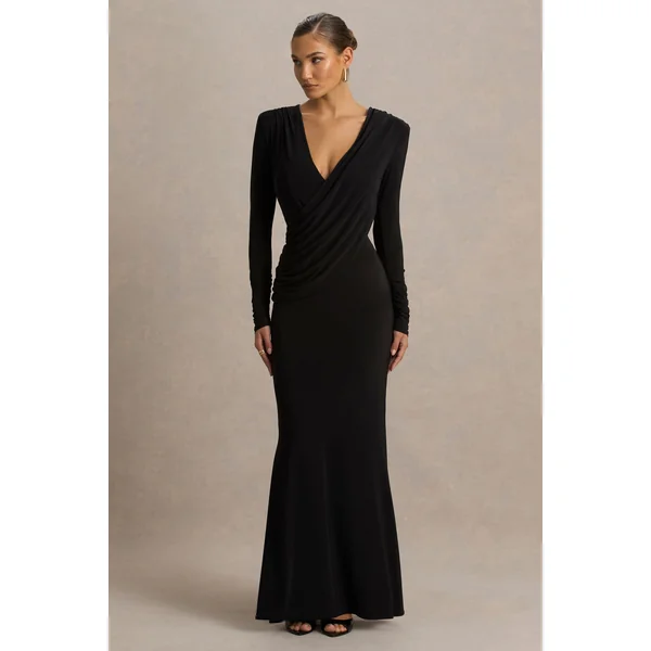 Daphira | Robe longue noire à décolleté plongeant extrême