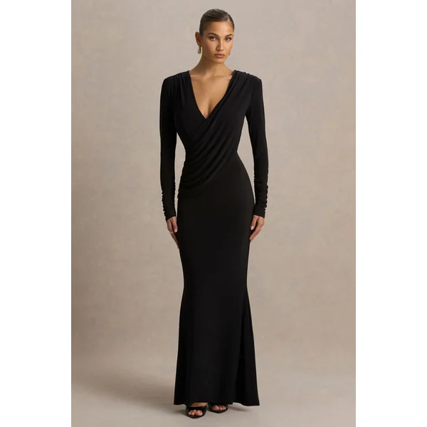 Daphira | Robe longue noire à décolleté plongeant extrême