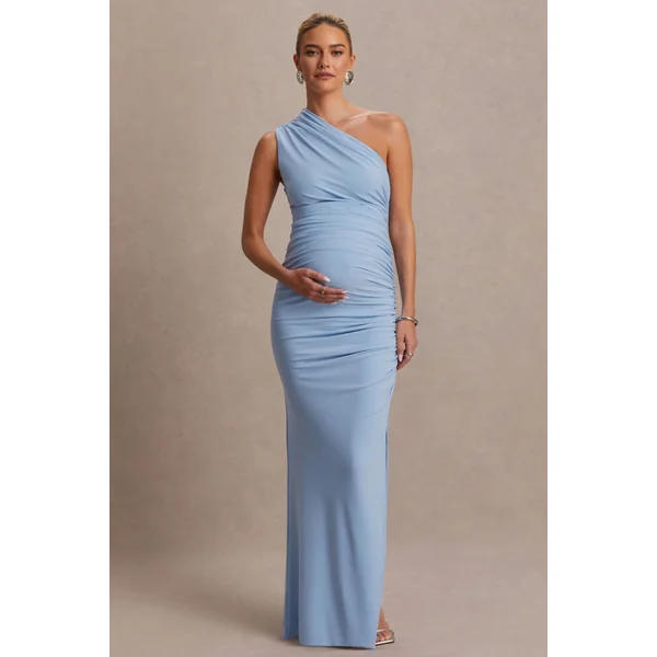 Darcie | Robe longue de maternité bleu poudré à encolure asymétrique