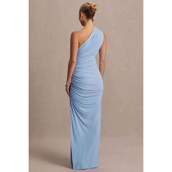 Darcie | Robe longue de maternité bleu poudré à encolure asymétrique