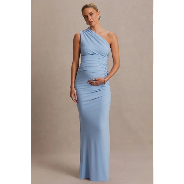 Darcie | Robe longue de maternité bleu poudré à encolure asymétrique