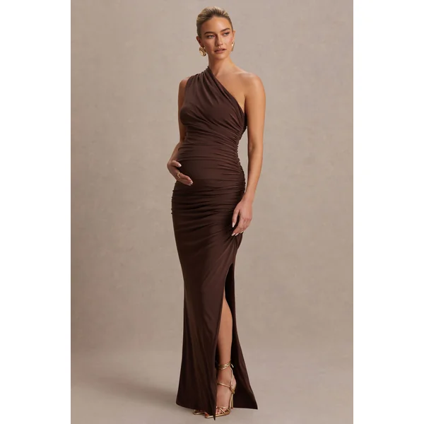 Darcie | Robe longue maternité brune à encolure asymétrique