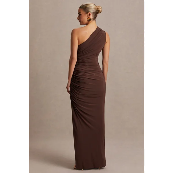 Darcie | Robe longue maternité brune à encolure asymétrique