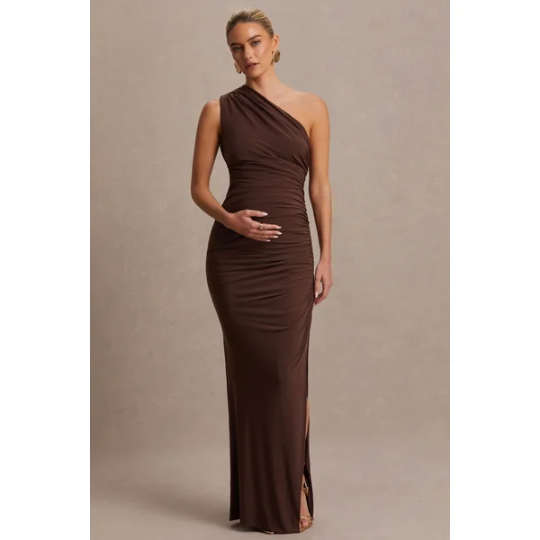 Darcie | Robe longue maternité brune à encolure asymétrique