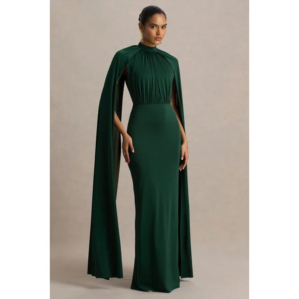 Darielle | Robe Longue Vert Bouteille à Col Haut et Manches Cape