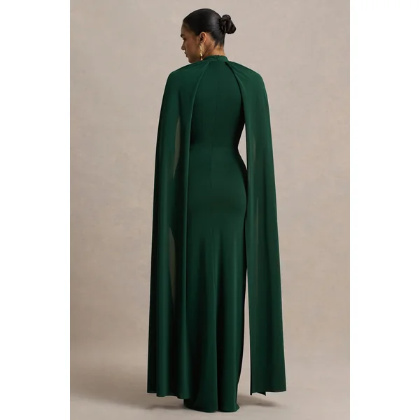 Darielle | Robe Longue Vert Bouteille à Col Haut et Manches Cape