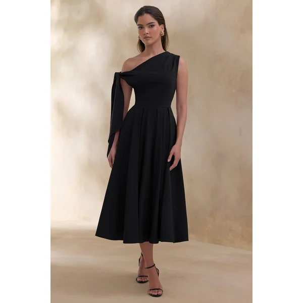 Daring | Robe mi-longue noire à encolure asymétrique avec détail noué