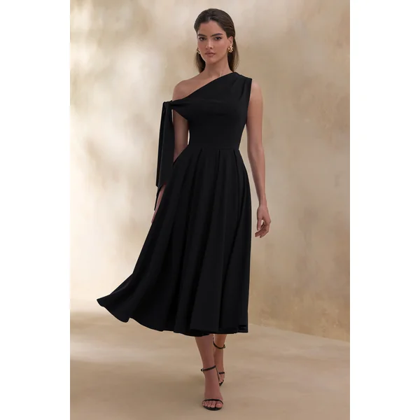 Daring | Robe mi-longue noire à encolure asymétrique avec détail noué