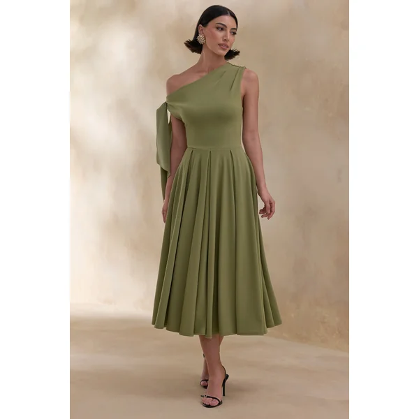 Daring | Robe mi-longue olive à encolure asymétrique et détail noué