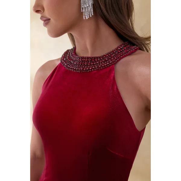 Darya | Robe longue en velours bordeaux à encolure haute ornée