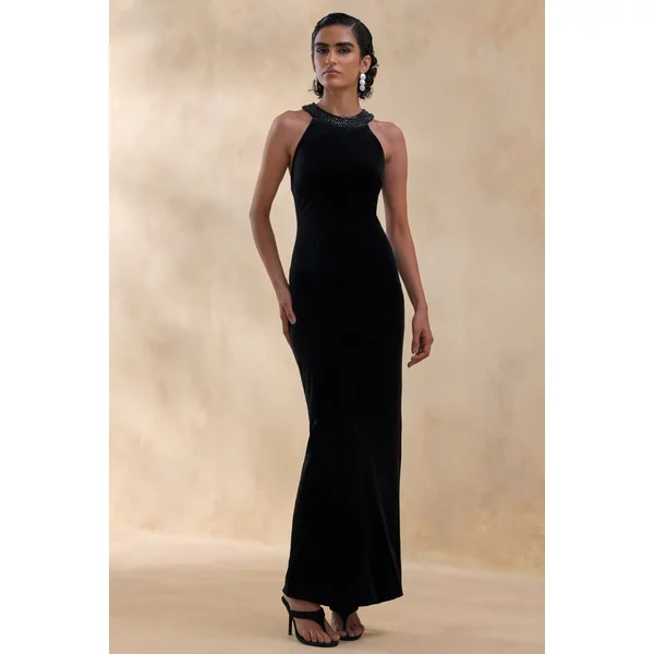 Darya | Robe longue en velours noir à encolure haute ornée