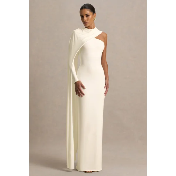 Dawn | Robe longue crème à col montant avec une manche longue et cape