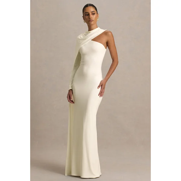 Dawn | Robe longue crème à col montant avec une manche longue et cape