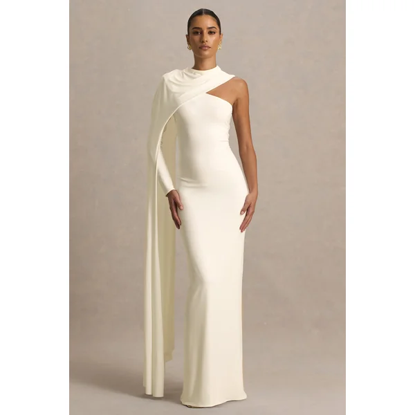 Dawn | Robe longue crème à col montant avec une manche longue et cape