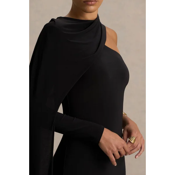 Dawn | Robe longue noire à col montant avec une manche longue et cape