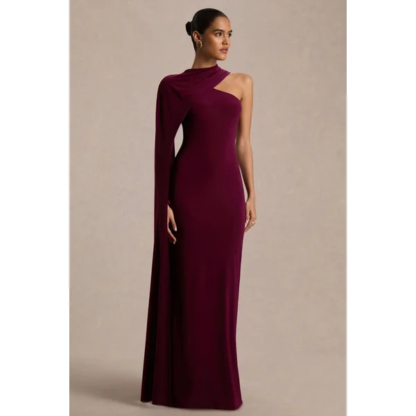Dawn | Robe longue rouge bordeaux à encolure asymétrique avec une manche longue et cape
