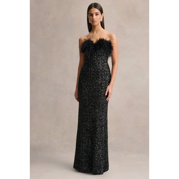 Daze | Robe longue noire à sequins à encolure bandeau avec bordure en plumes