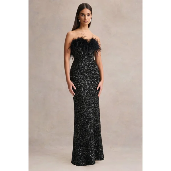 Daze | Robe longue noire à sequins à encolure bandeau avec bordure en plumes