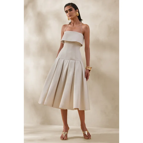 Dazira | Robe mi-longue crème à encolure carrée avec taille basse
