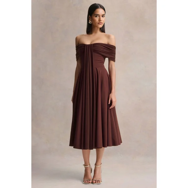 Dearest | Robe mi-longue marron à encolure bardot
