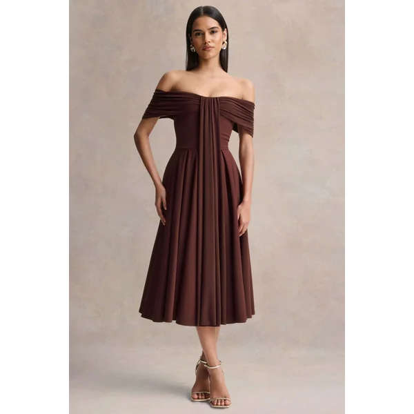 Dearest | Robe mi-longue marron à encolure bardot