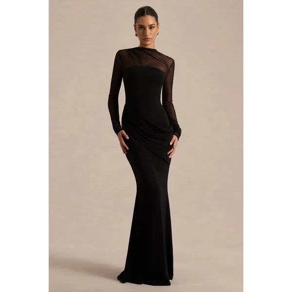 Deema | Robe longue noire en jersey et tulle à col montant
