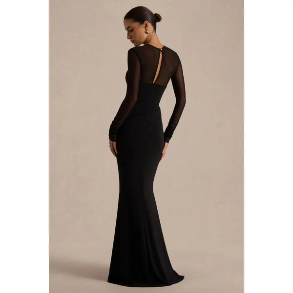 Deema | Robe longue noire en jersey et tulle à col montant