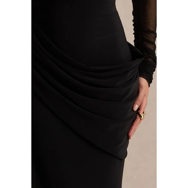 Deema | Robe longue noire en jersey et tulle à col montant