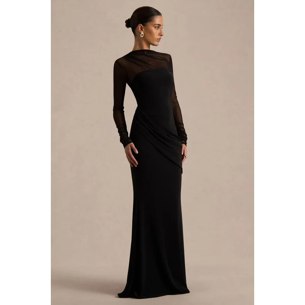 Deema | Robe longue noire en jersey et tulle à col montant