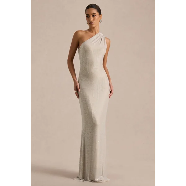 Deity | Robe longue en strass argent à décolleté asymétrique avec dos ouvert