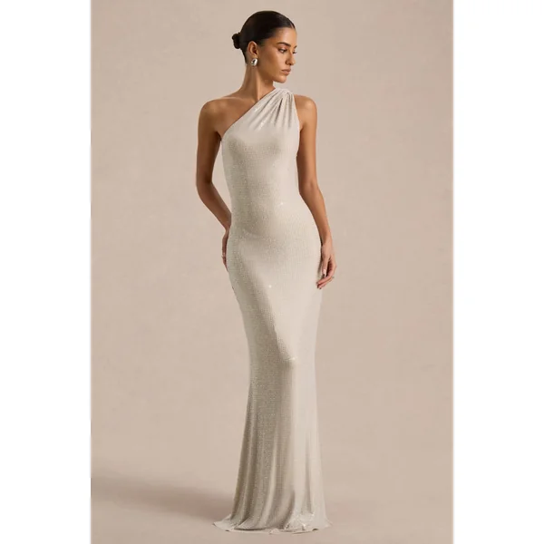 Deity | Robe longue en strass argent à décolleté asymétrique avec dos ouvert