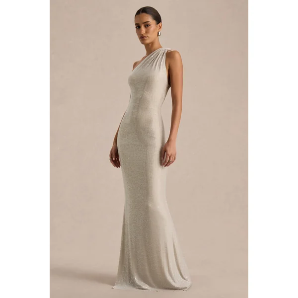 Deity | Robe longue en strass argent à décolleté asymétrique avec dos ouvert