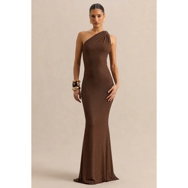 Deity | Robe longue en strass marron à décolleté asymétrique avec dos ouvert