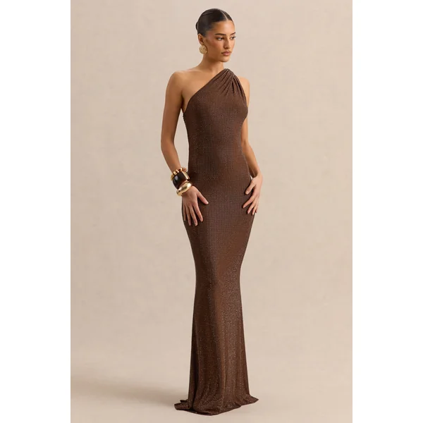 Deity | Robe longue en strass marron à décolleté asymétrique avec dos ouvert