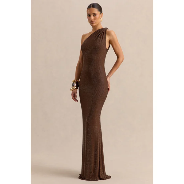 Deity | Robe longue en strass marron à décolleté asymétrique avec dos ouvert