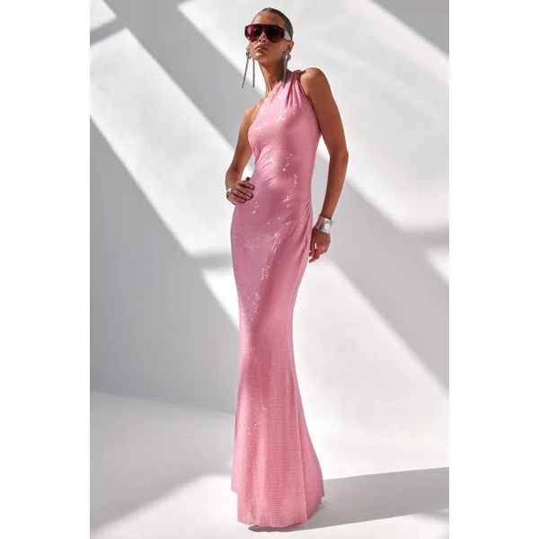 Deity | Robe longue en strass rose à décolleté asymétrique avec dos ouvert