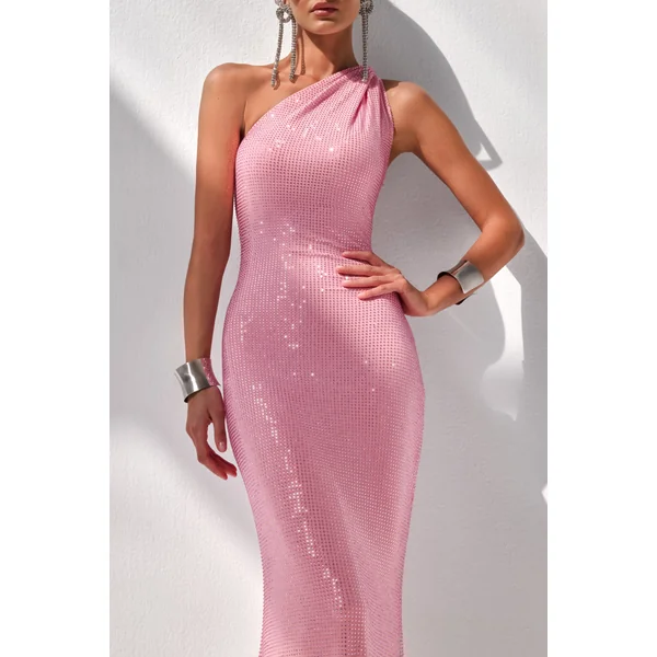 Deity | Robe longue en strass rose à décolleté asymétrique avec dos ouvert