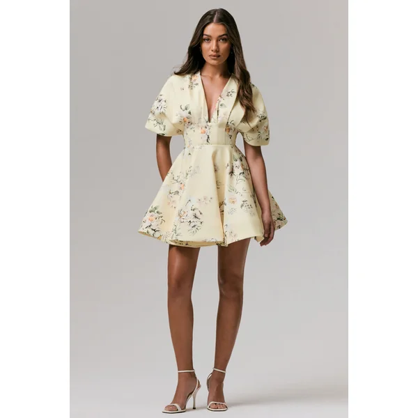 Delight | Mini-robe à décolleté plongeant et volants imprimé citron