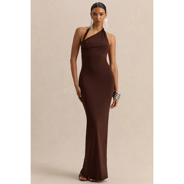 Delisse | Robe longue marron à encolure asymétrique