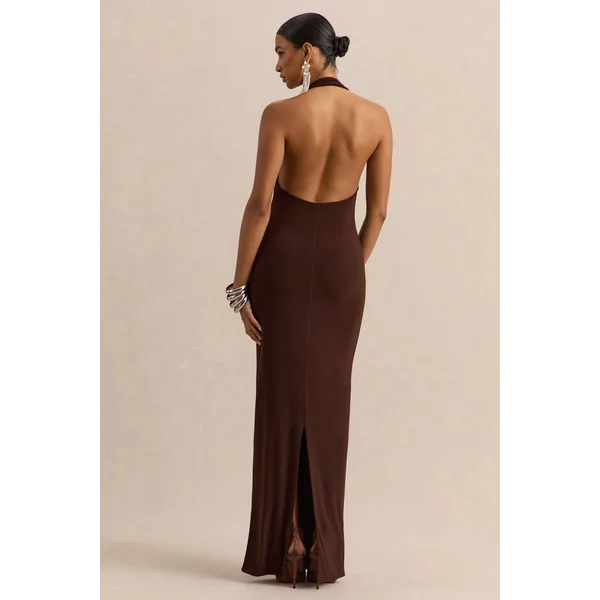 Delisse | Robe longue marron à encolure asymétrique