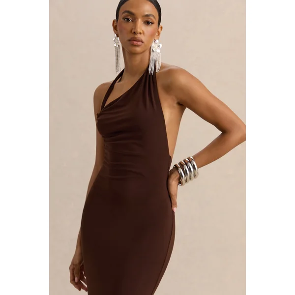 Delisse | Robe longue marron à encolure asymétrique